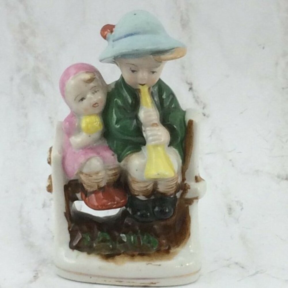 Vintage Occupied Japan Boy Girl on Fence Figurine Porcelain Horn